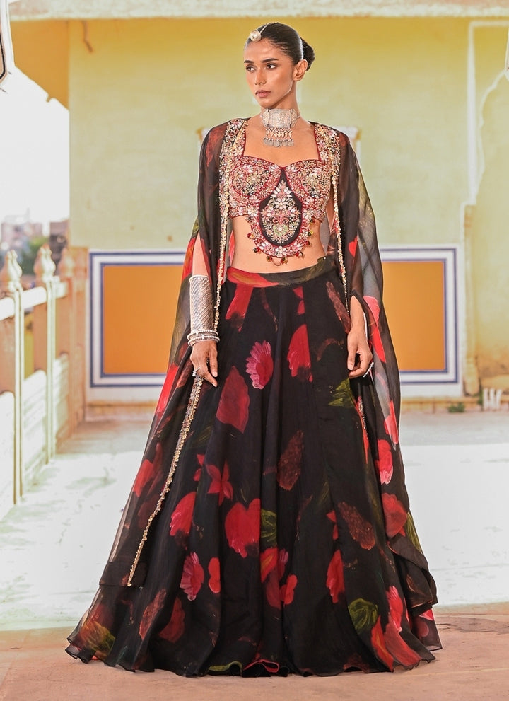 Black Printed Organza Lehenga Set With Cape