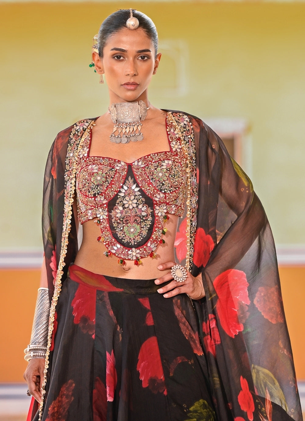 Black Printed Organza Lehenga Set With Cape