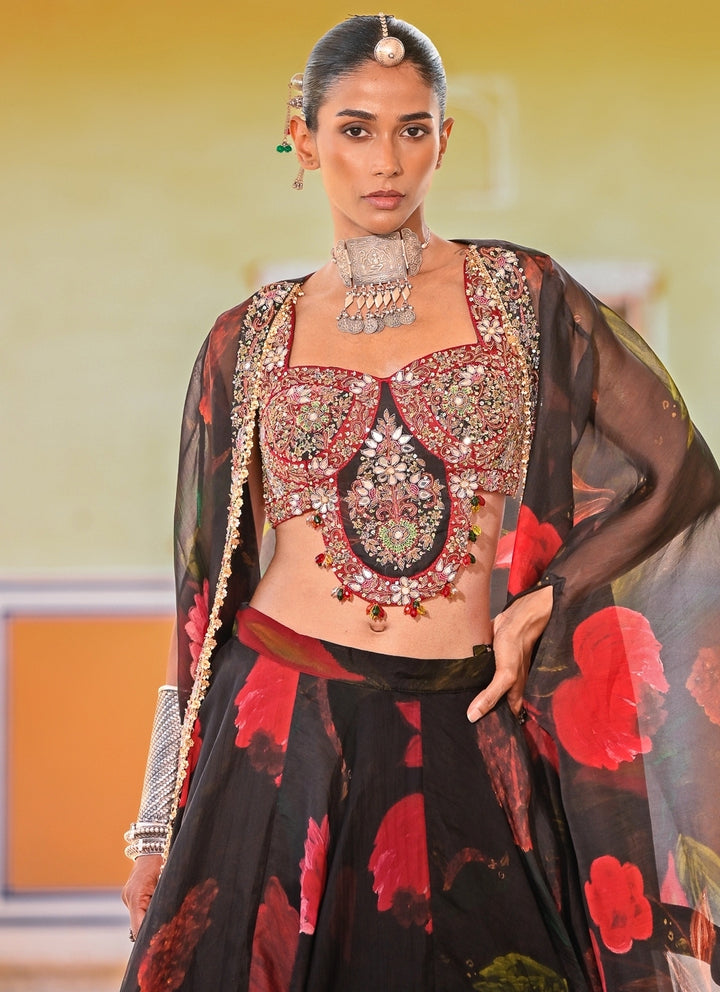 Black Printed Organza Lehenga Set With Cape