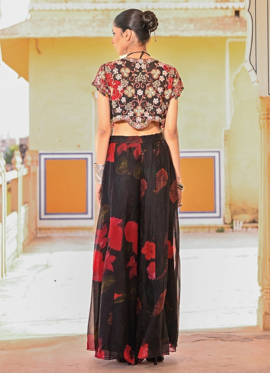 Black Printed Organza Pants Set With Jacket