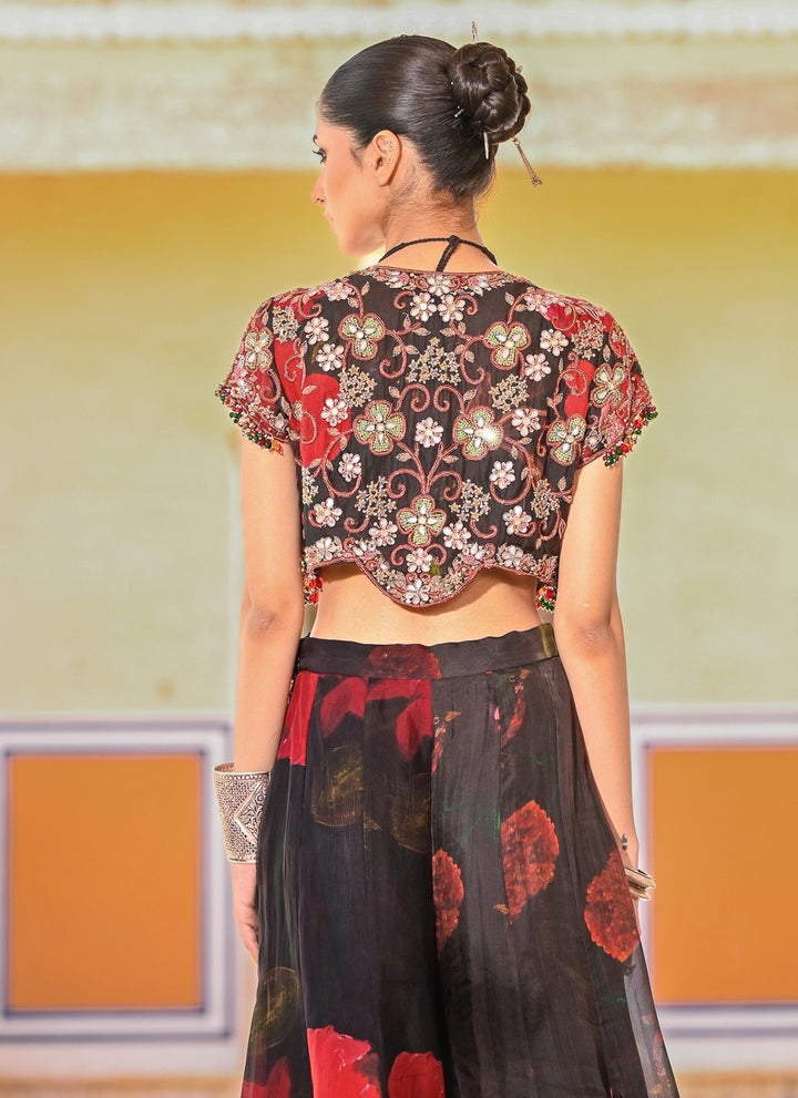 Black Printed Organza Pants Set With Jacket