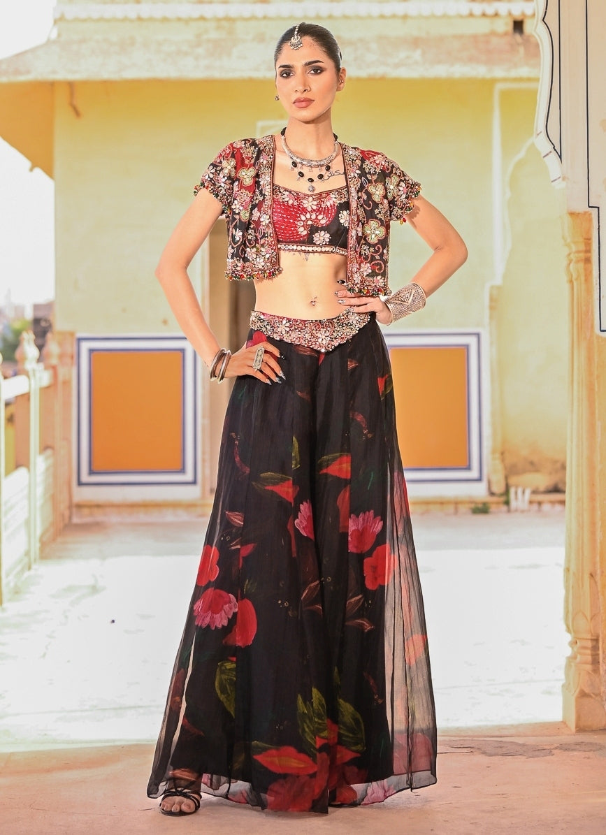 Black Printed Organza Pants Set With Jacket