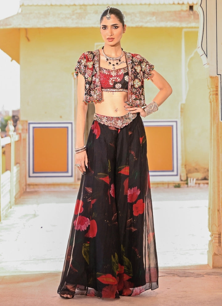 Black Printed Organza Pants Set With Jacket