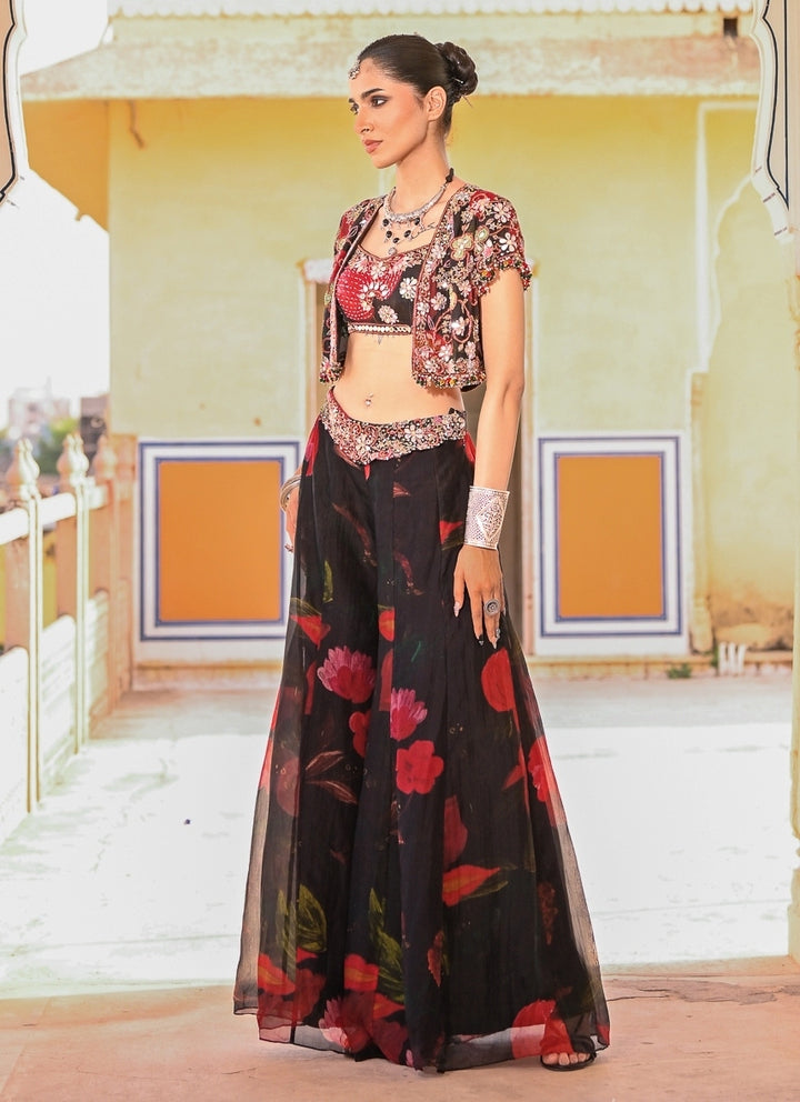 Black Printed Organza Pants Set With Jacket