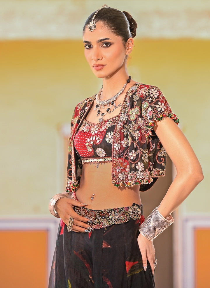 Black Printed Organza Pants Set With Jacket