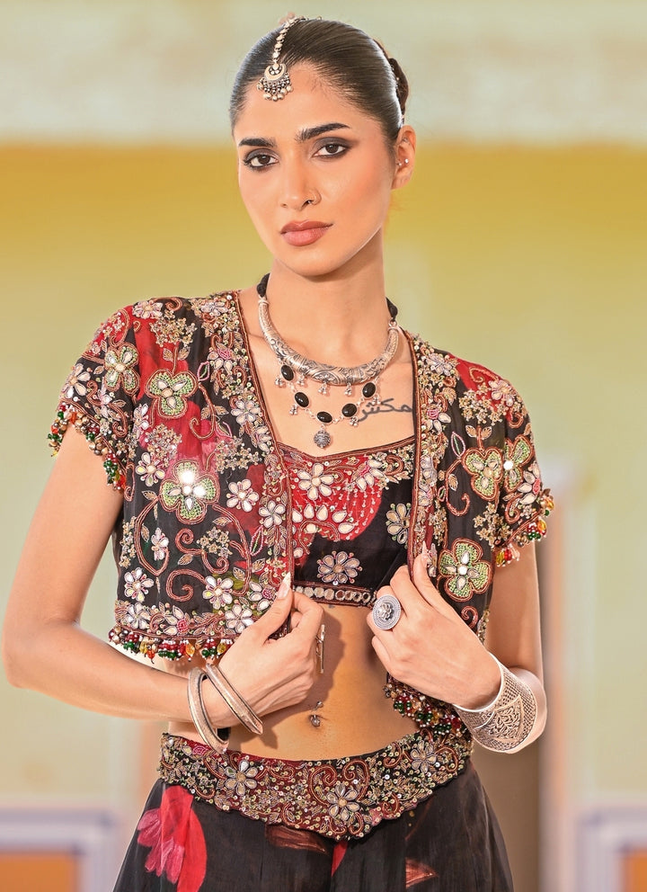 Black Printed Organza Pants Set With Jacket