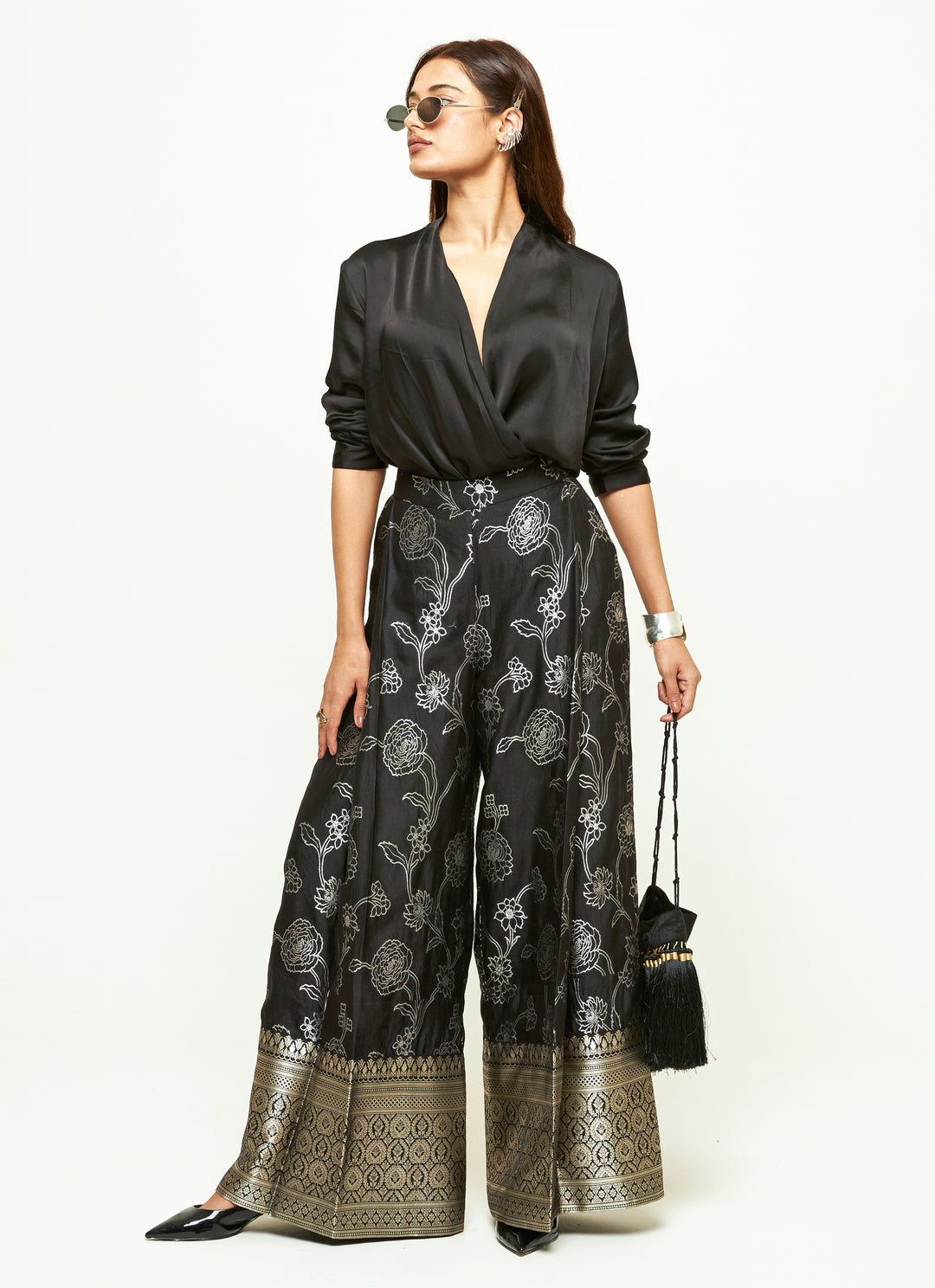 Black Brocade Silk Pants Set With Wrap Shirt