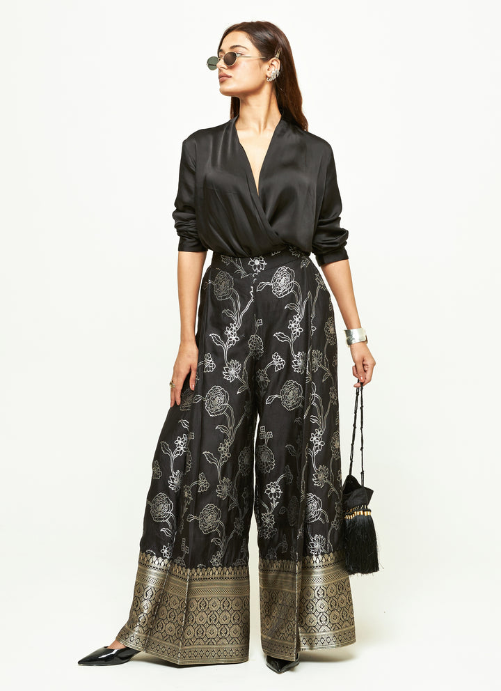 Black Brocade Silk Pants Set With Wrap Shirt