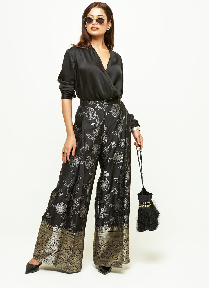 Black Brocade Silk Pants Set With Wrap Shirt