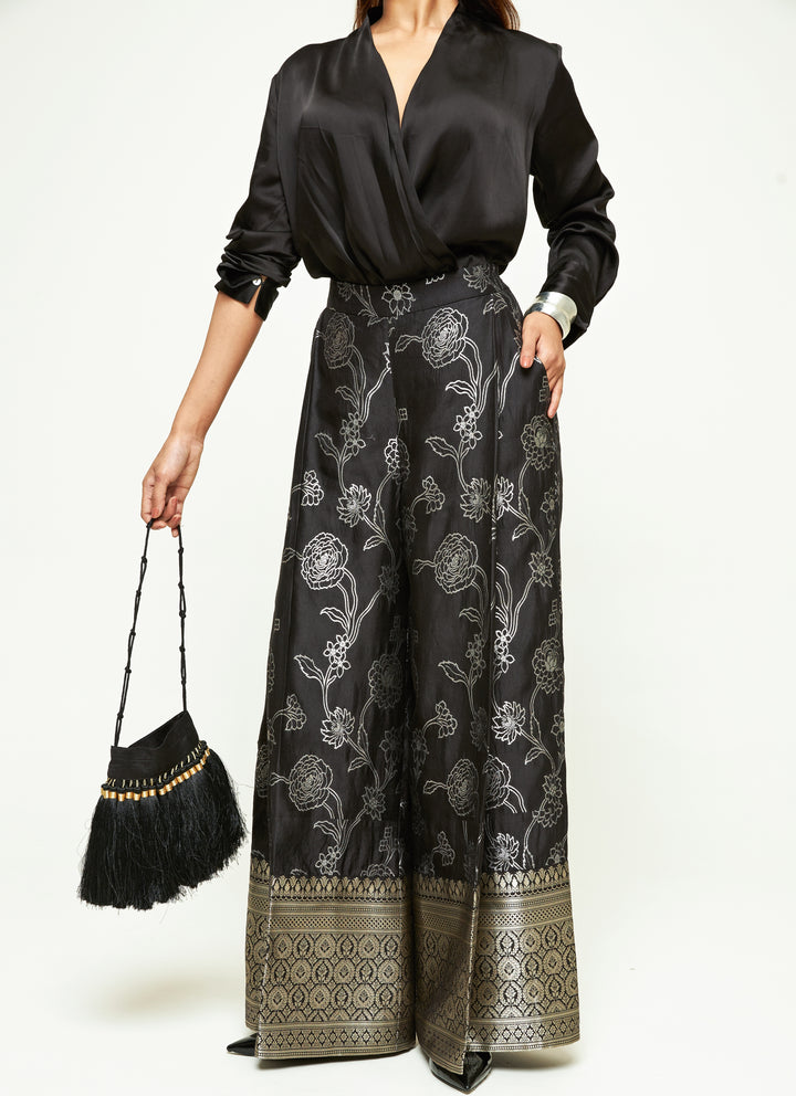 Black Brocade Silk Pants Set With Wrap Shirt