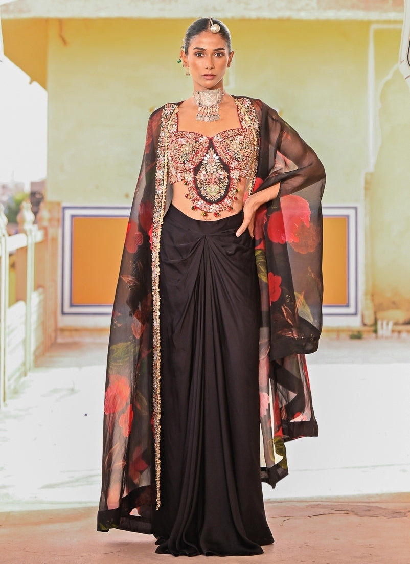 Black Satin Cowl Skirt Set With Cape