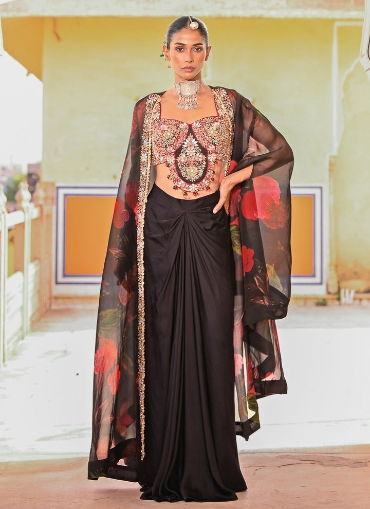 Black Satin Cowl Skirt Set With Cape