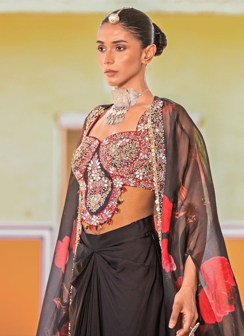 Black Satin Cowl Skirt Set With Cape