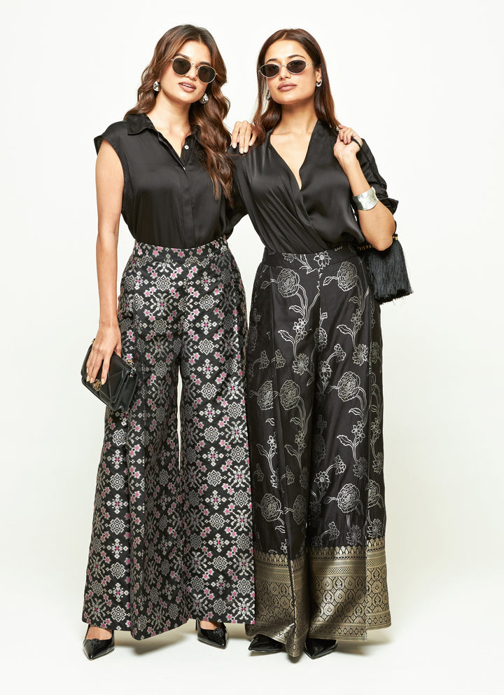 Black Brocade Silk Pants Set