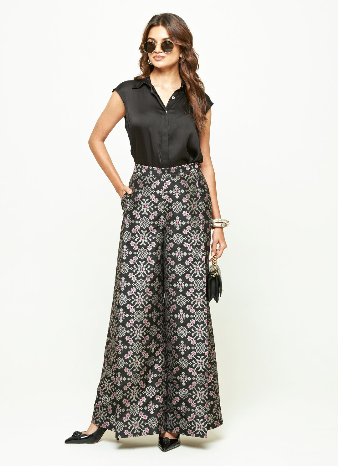 Black Brocade Silk Pants Set