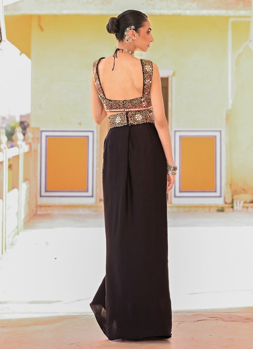 Black Satin Cowl Skirt Set