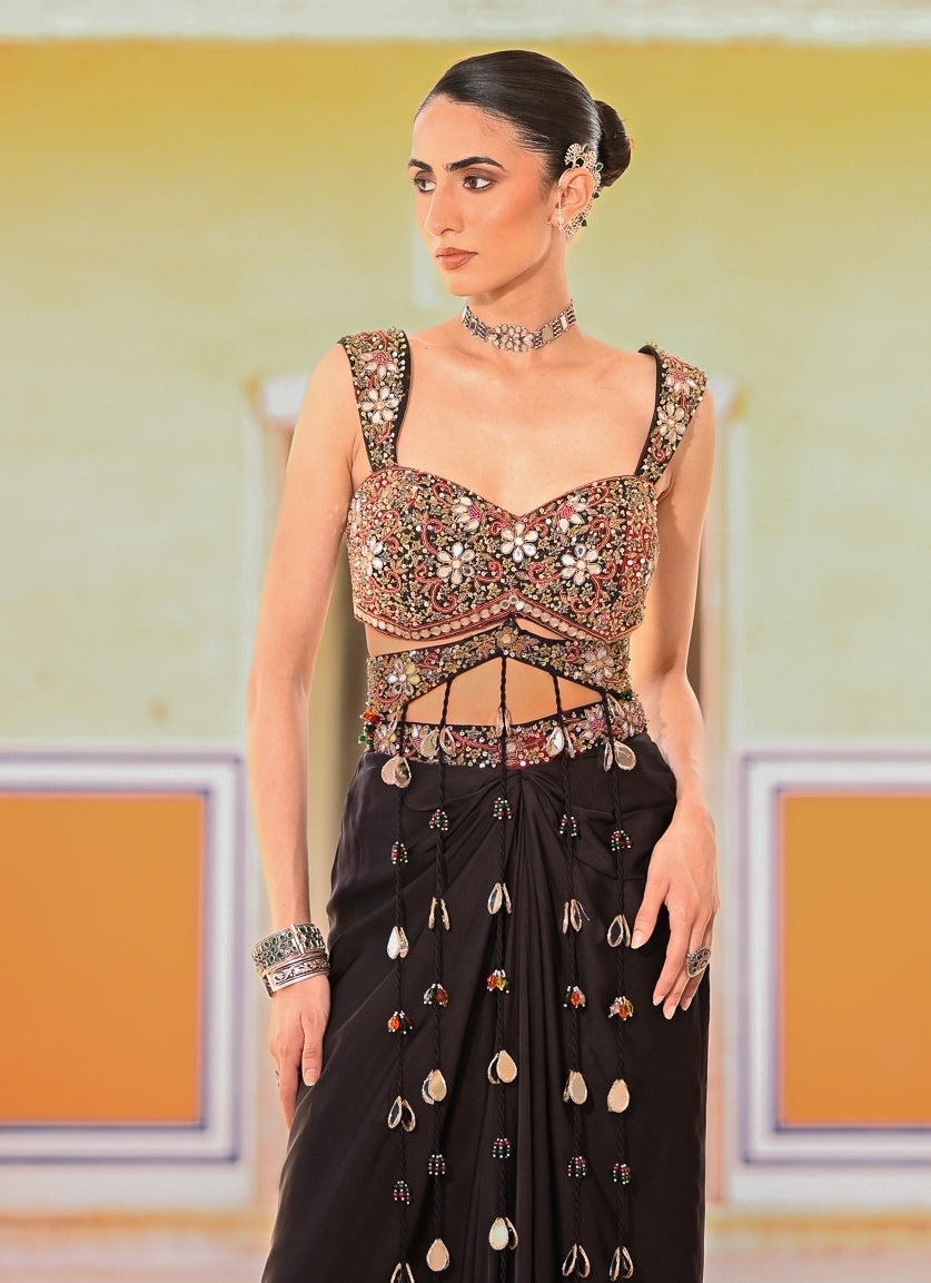 Black Satin Cowl Skirt Set