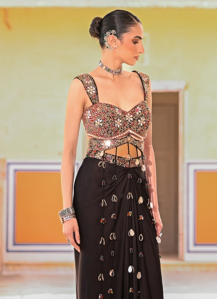 Black Satin Cowl Skirt Set
