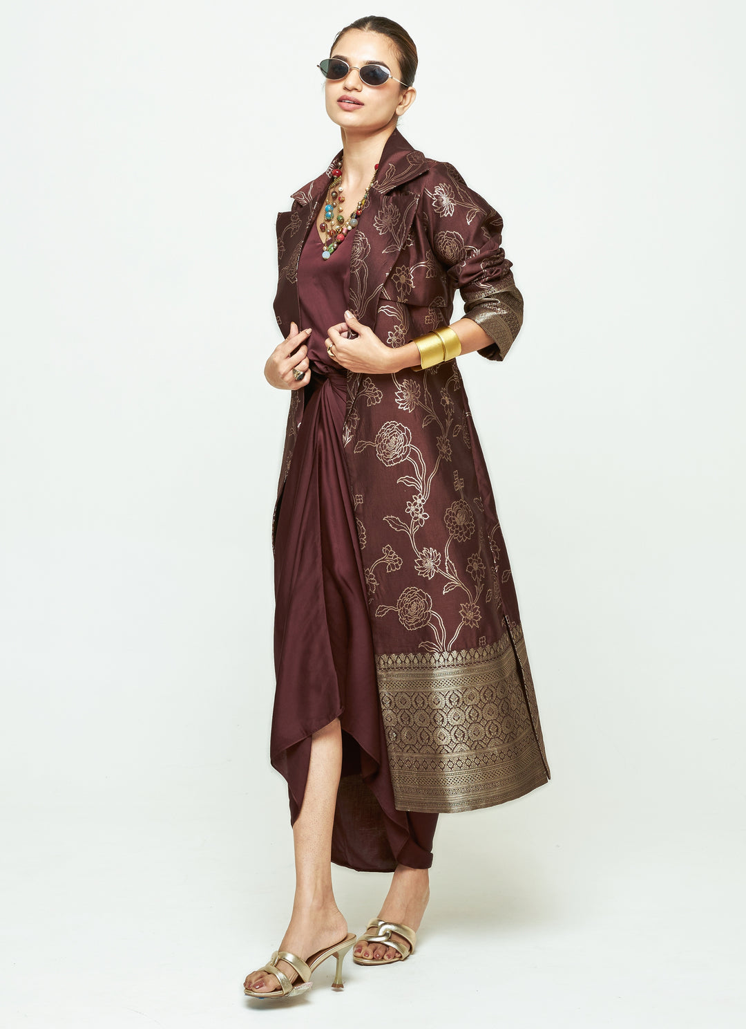 Brown Brocade Trench Jacket With Draped Dress