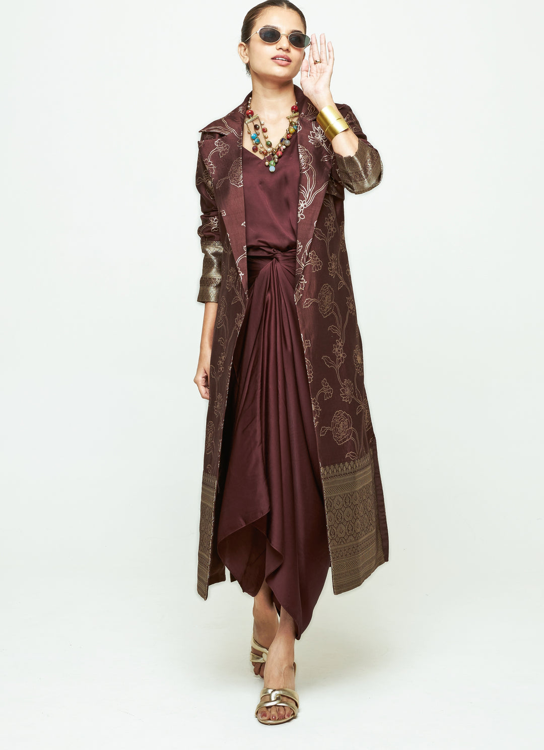 Brown Brocade Trench Jacket With Draped Dress