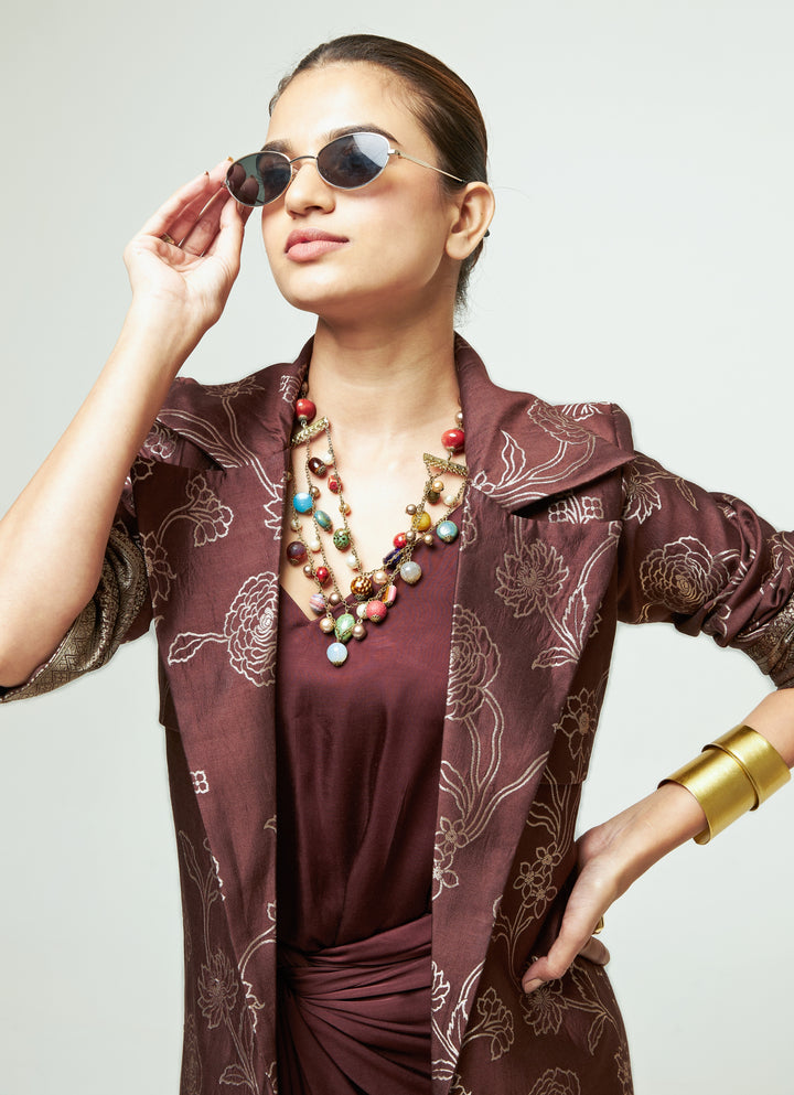 Brown Brocade Trench Jacket With Draped Dress