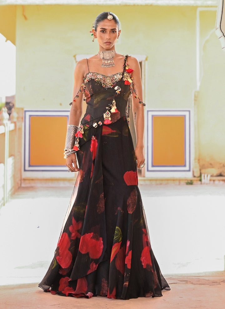 Black Printed Organza Pre-Draped Saree With Corset