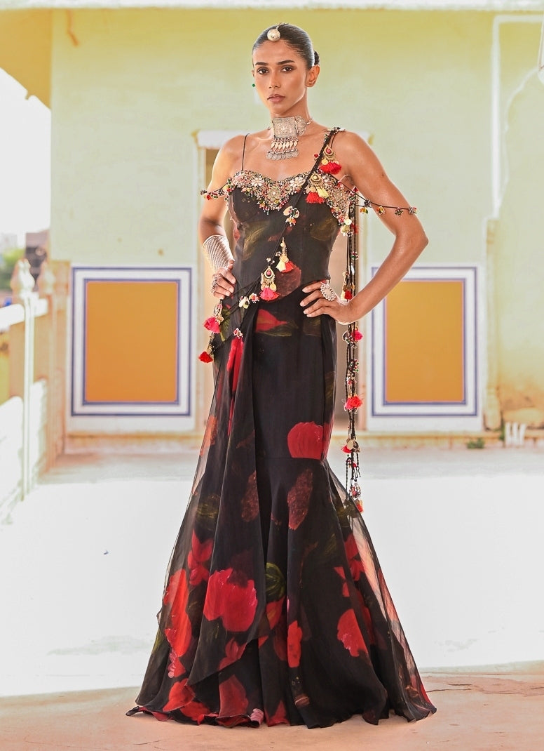 Black Printed Organza Pre-Draped Saree With Corset