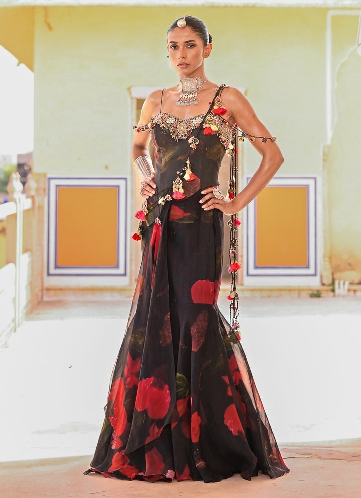 Black Printed Organza Pre-Draped Saree With Corset