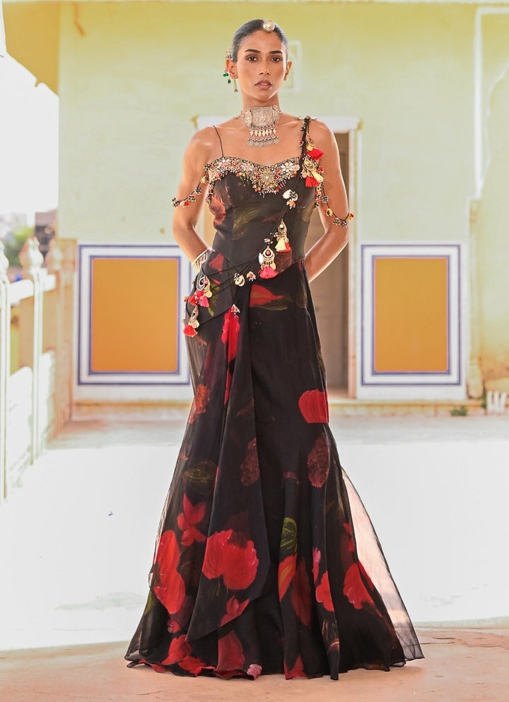 Black Printed Organza Pre-Draped Saree With Corset