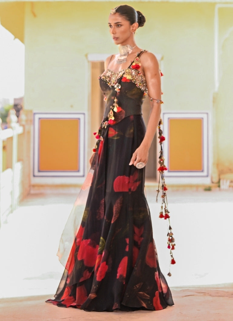 Black Printed Organza Pre-Draped Saree With Corset
