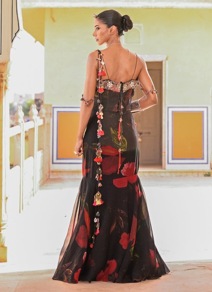 Black Printed Organza Pre-Draped Saree With Corset