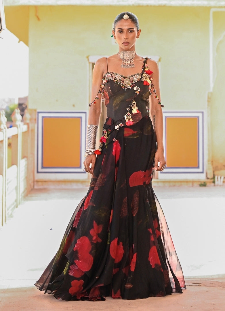 Black Printed Organza Pre-Draped Saree With Corset