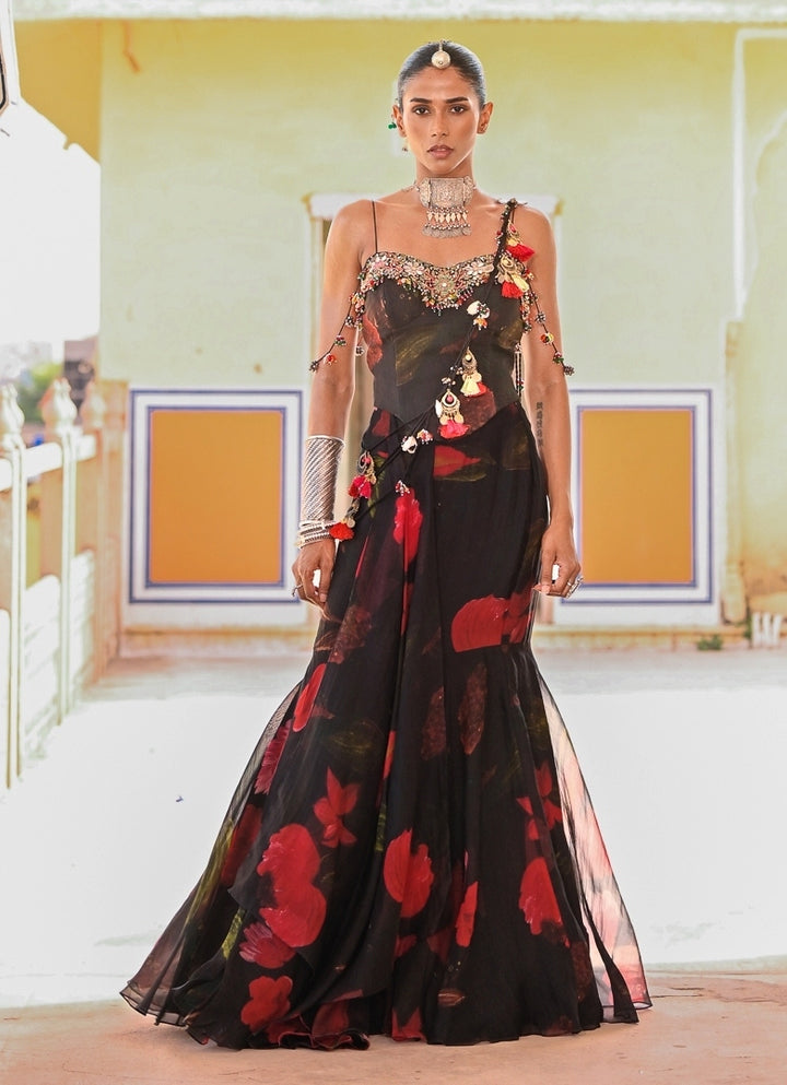 Black Printed Organza Pre-Draped Saree With Corset