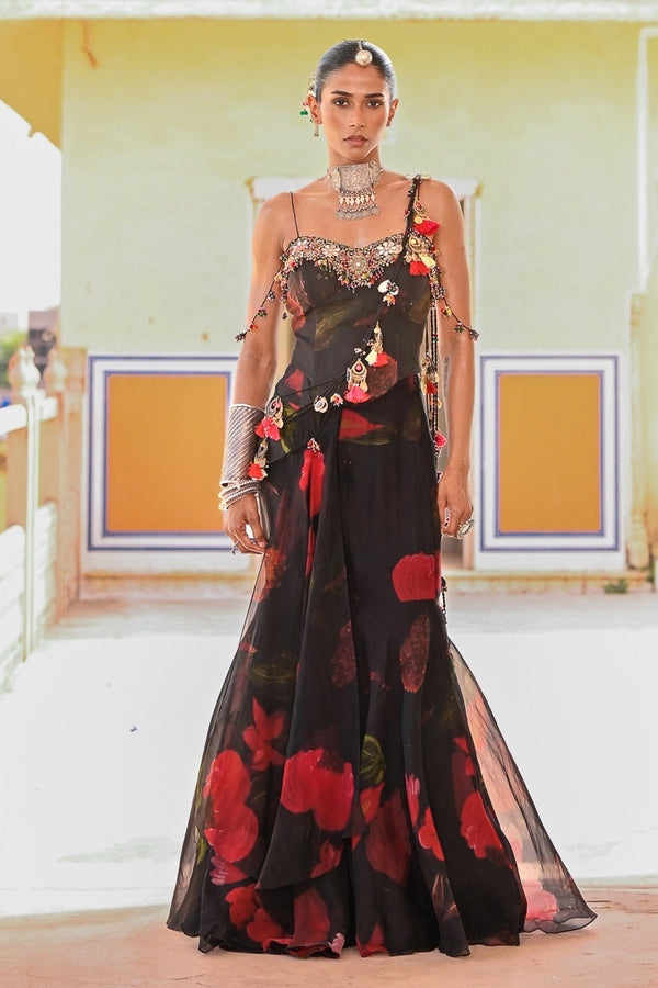 Juhi Bengani black printed organza pre-draped saree with corset for a cocktail night