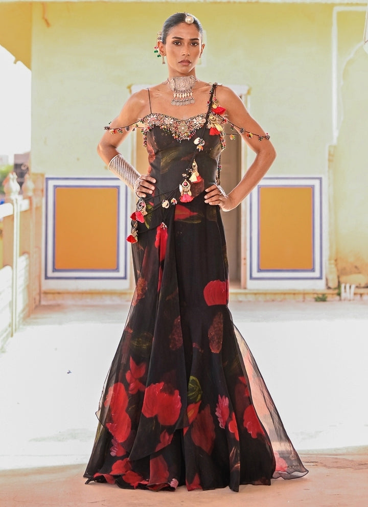 Black Printed Organza Pre-Draped Saree With Corset