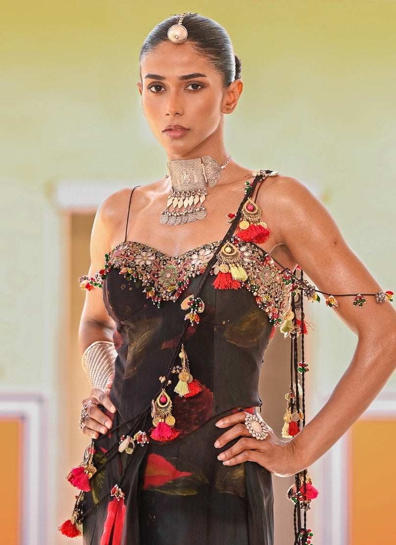 Black Printed Organza Pre-Draped Saree With Corset