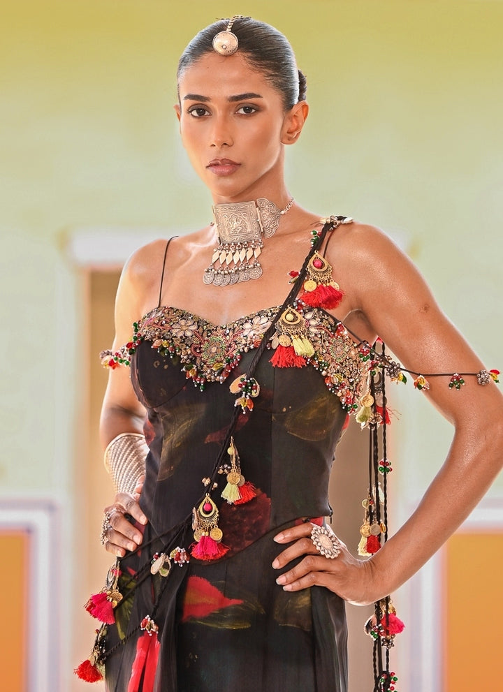 Black Printed Organza Pre-Draped Saree With Corset