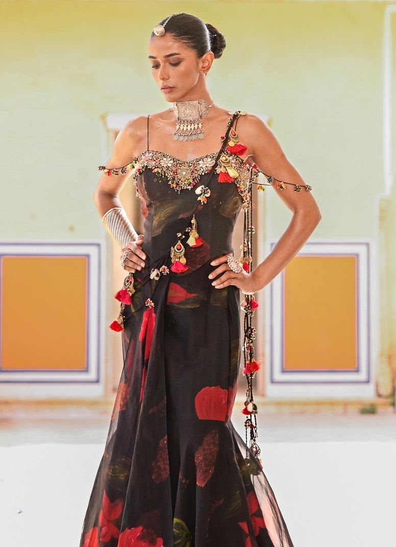 Black Printed Organza Pre-Draped Saree With Corset