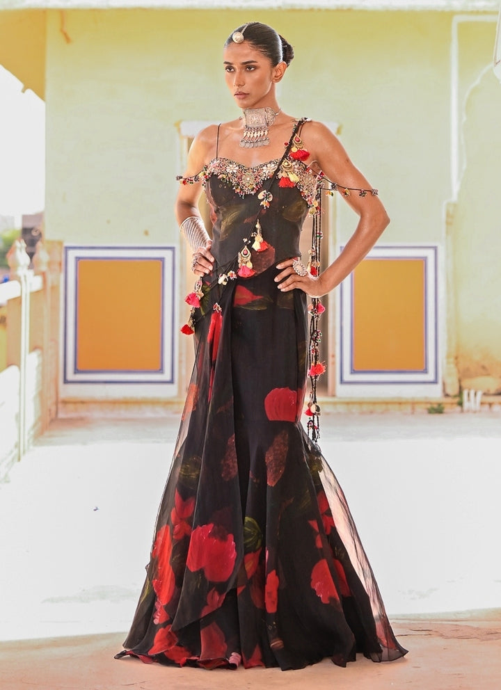 Black Printed Organza Pre-Draped Saree With Corset