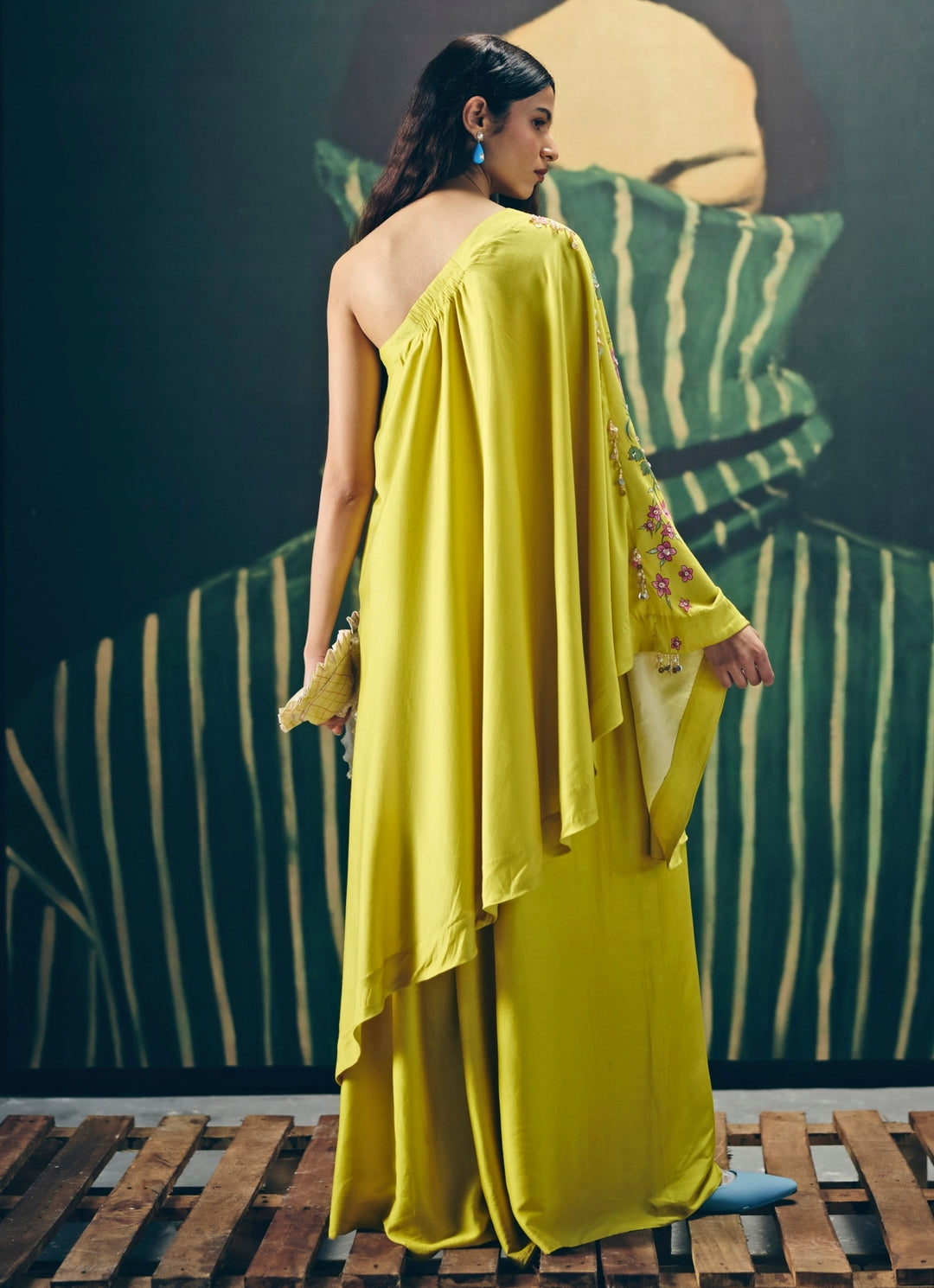Yellow Silk One Shoulder Top And Pants Set