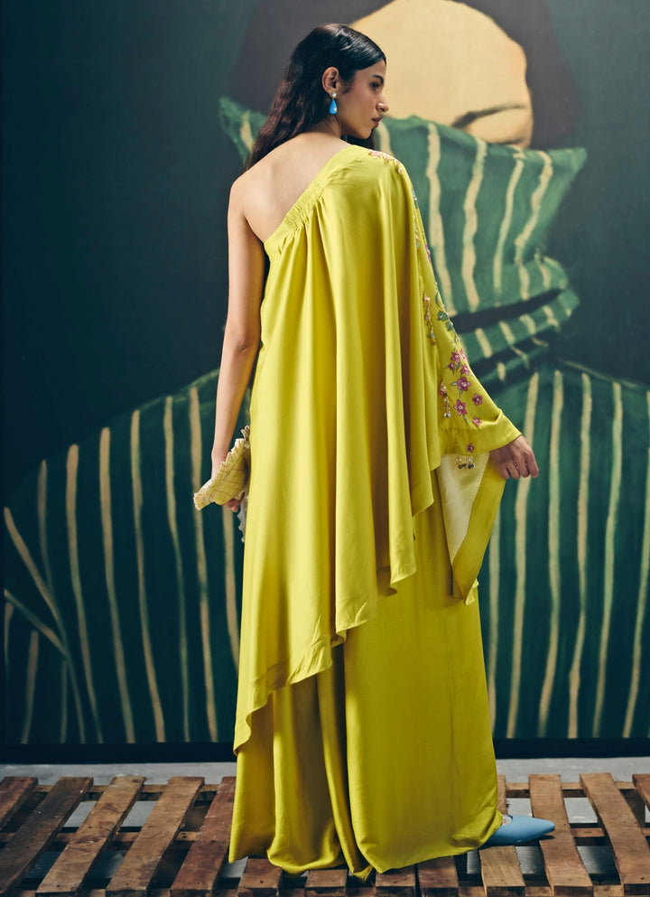 Yellow Silk One Shoulder Top And Pants Set