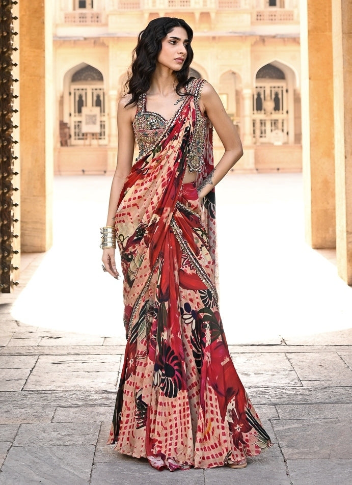 Red Printed Chinon Pre-Draped Saree