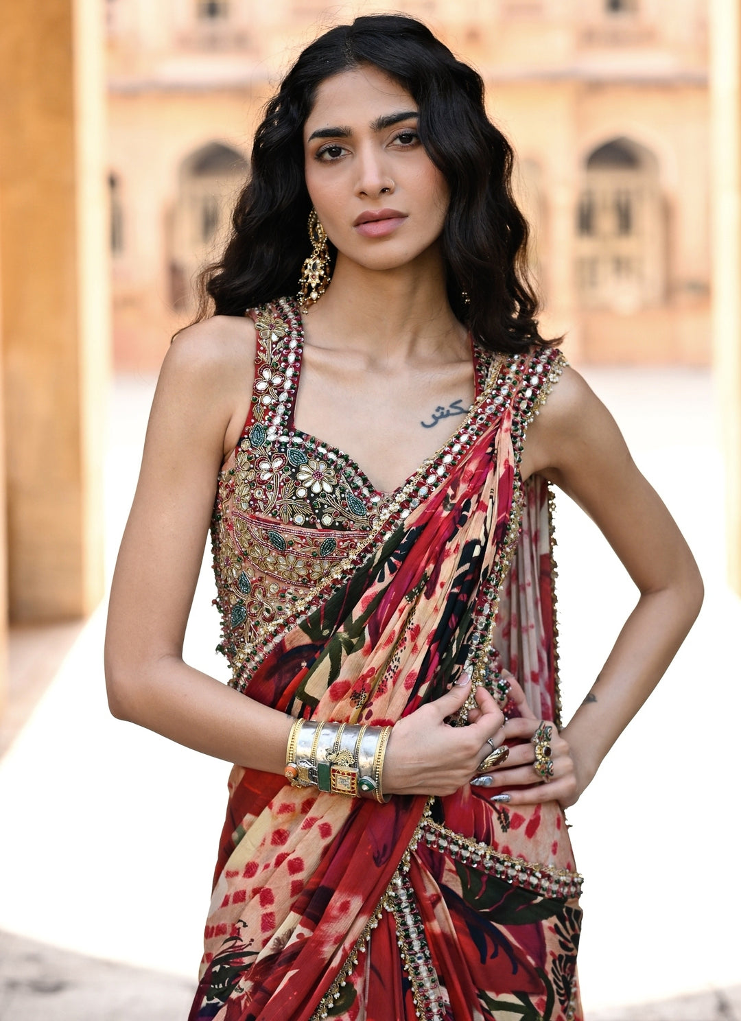 Red Printed Chinon Pre-Draped Saree