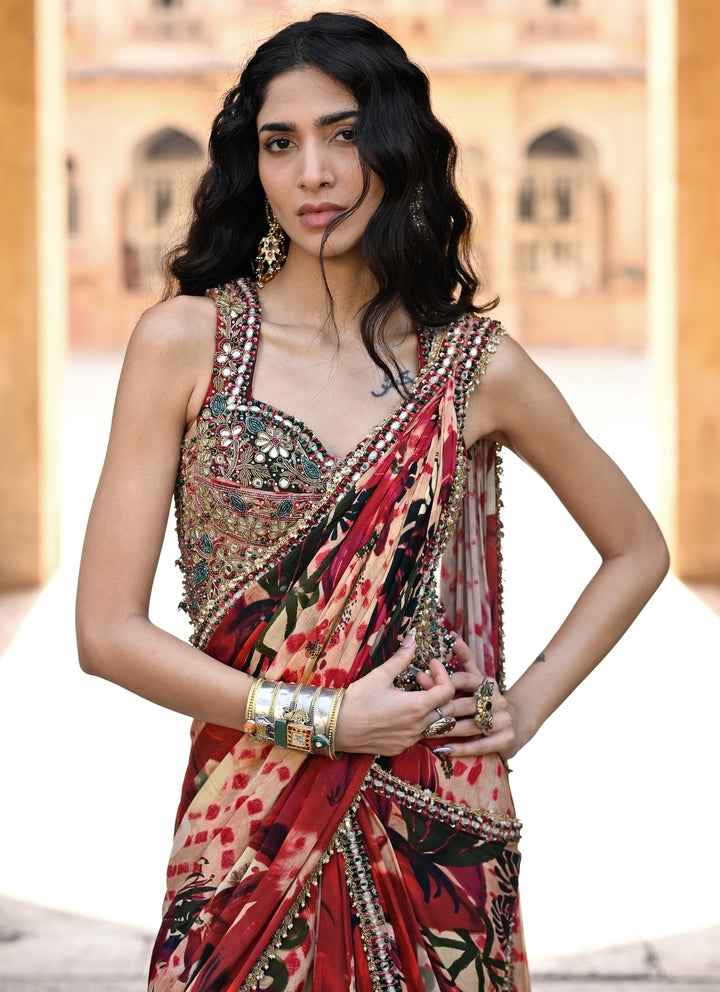 Red Printed Chinon Pre-Draped Saree