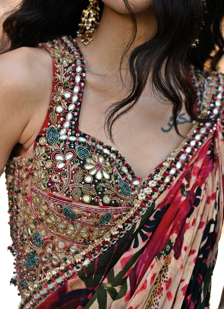 Red Printed Chinon Pre-Draped Saree
