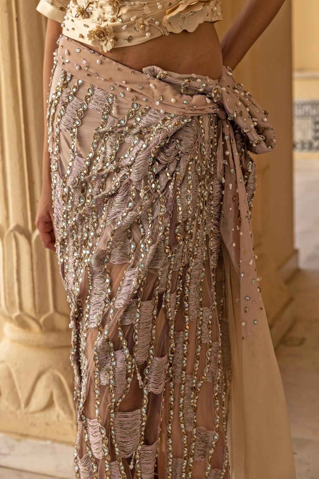 Lilac And Nude Shimmer Net Drape Skirt Set