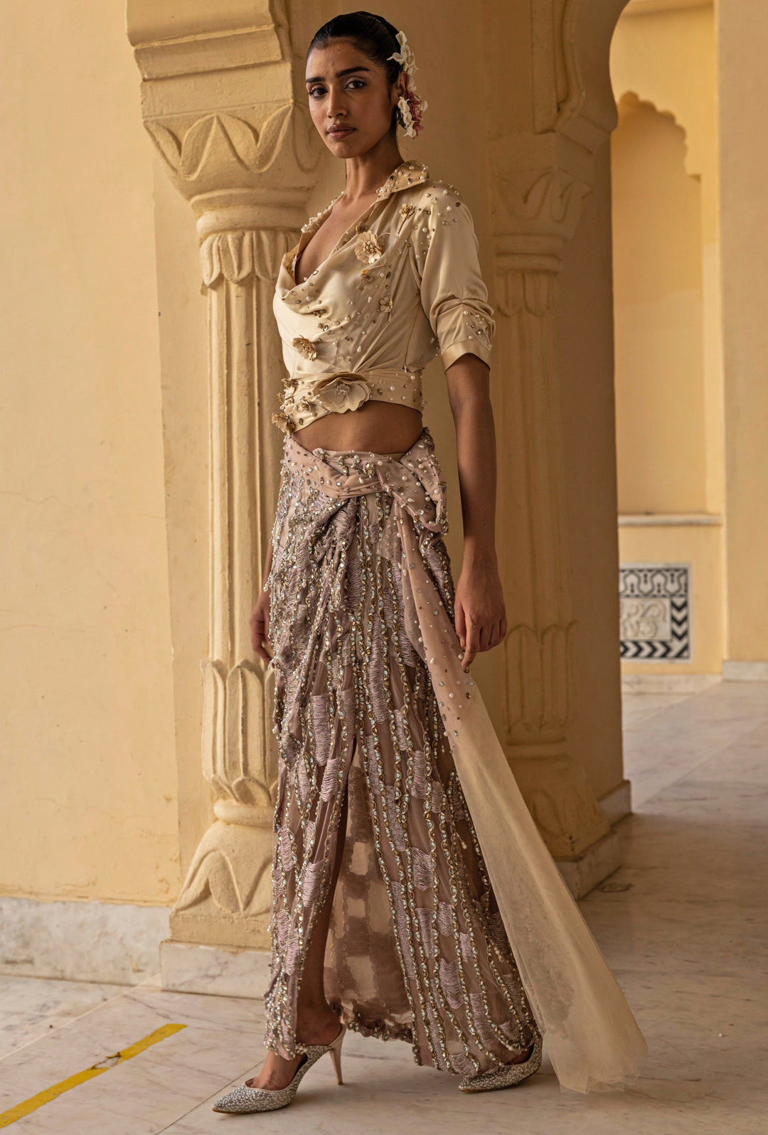 Lilac And Nude Shimmer Net Drape Skirt Set
