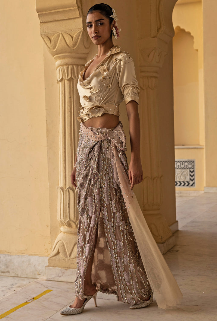 Lilac And Nude Shimmer Net Drape Skirt Set