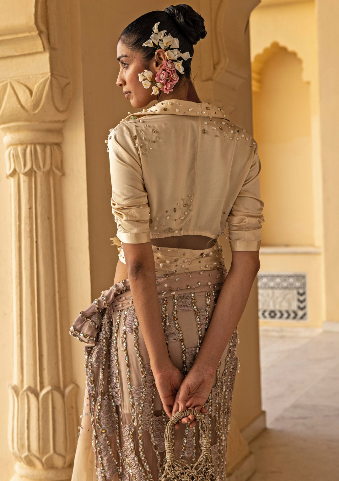 Lilac And Nude Shimmer Net Drape Skirt Set
