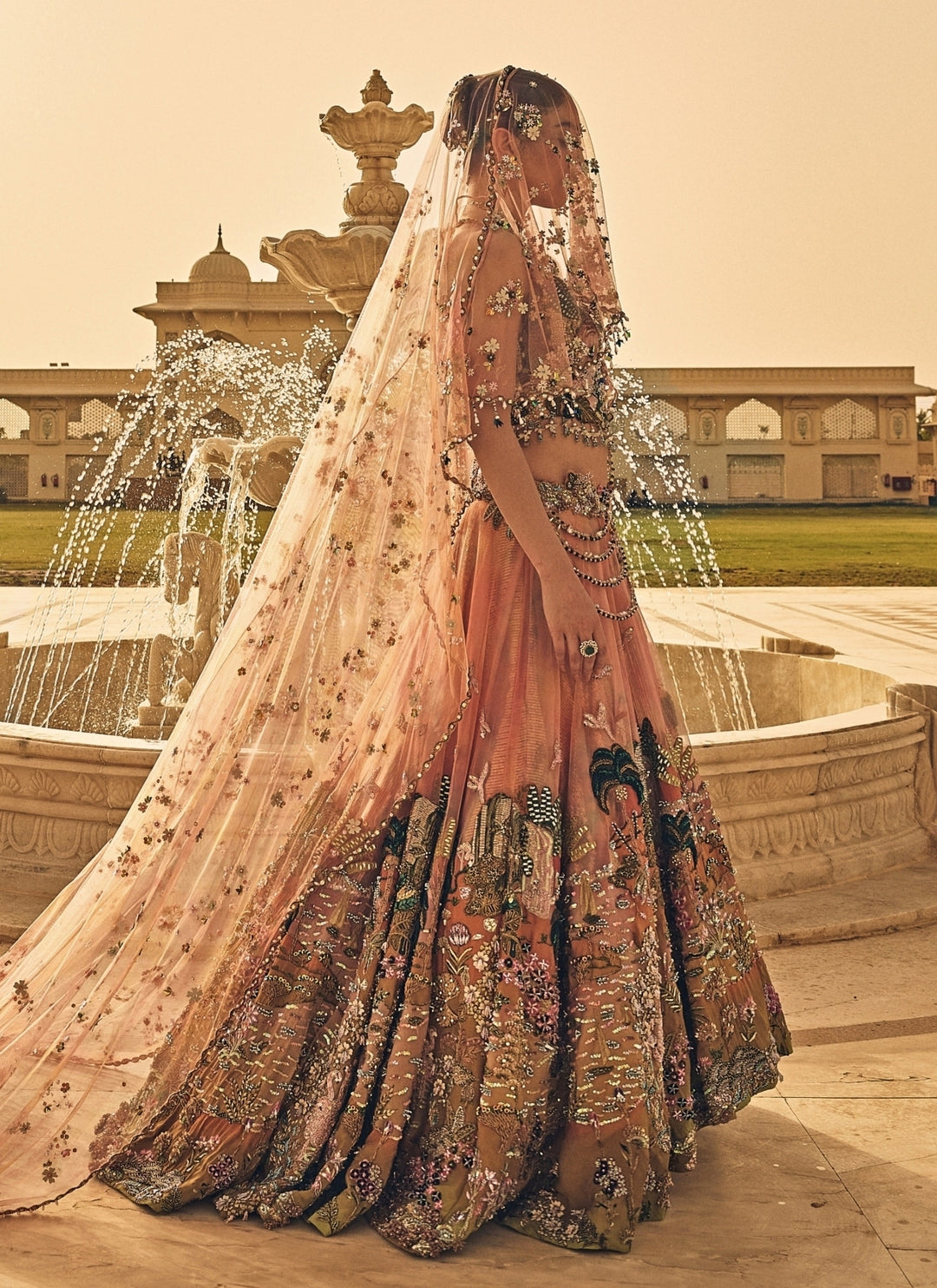Coral Ombre Georgette Corset Lehenga Set